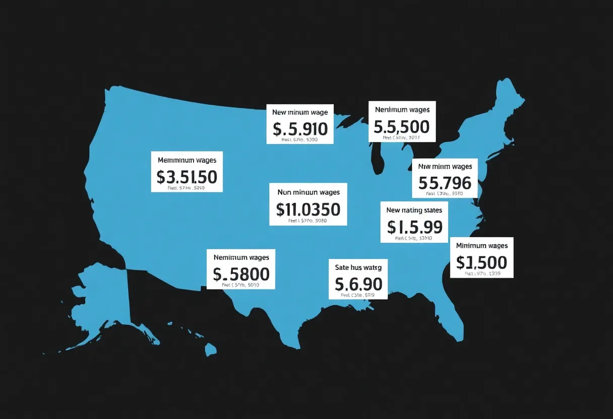 U.S. map showing states with increased minimum wages in 2026