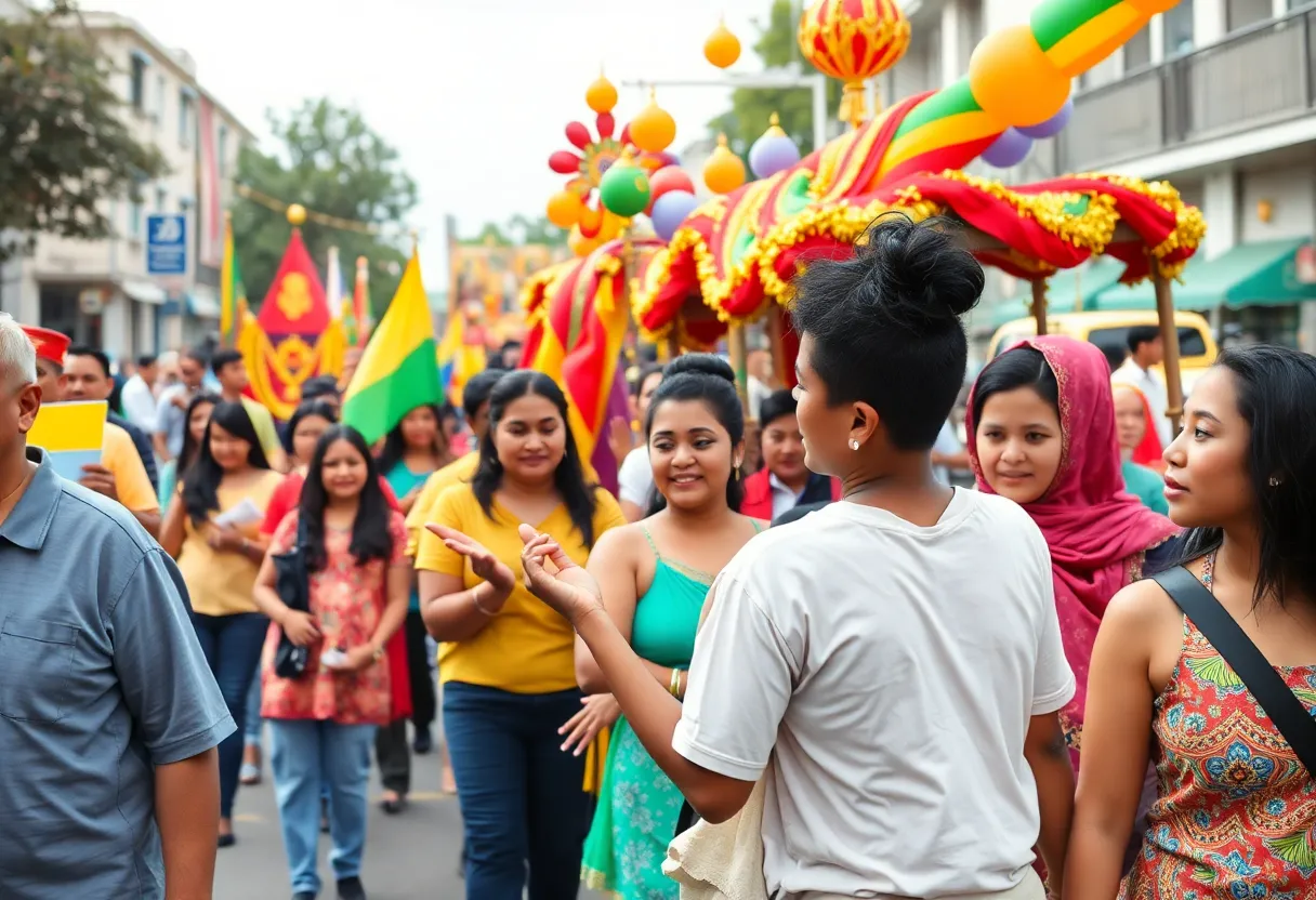 Community members celebrating Martin Luther King Jr. Day with a parade and colorful floats