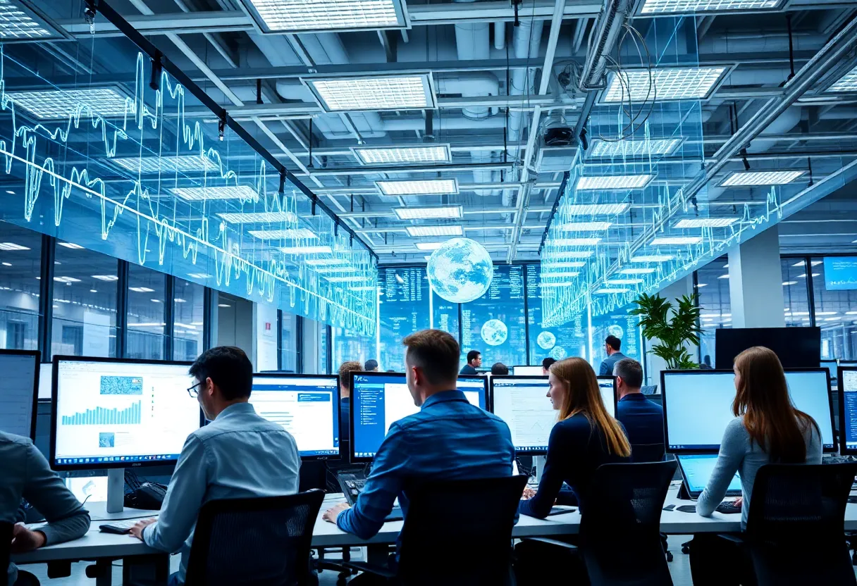 Employees collaborating in a modern office using digital tools.