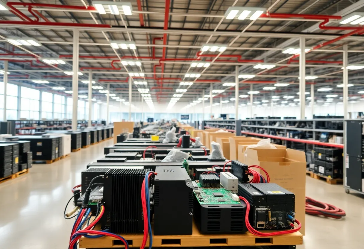 Inside view of the Mouser Electronics distribution center with electronic components.