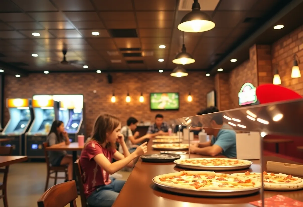 Family enjoying a buffet meal at Mr. Gatti's Pizza with arcade games in the background.
