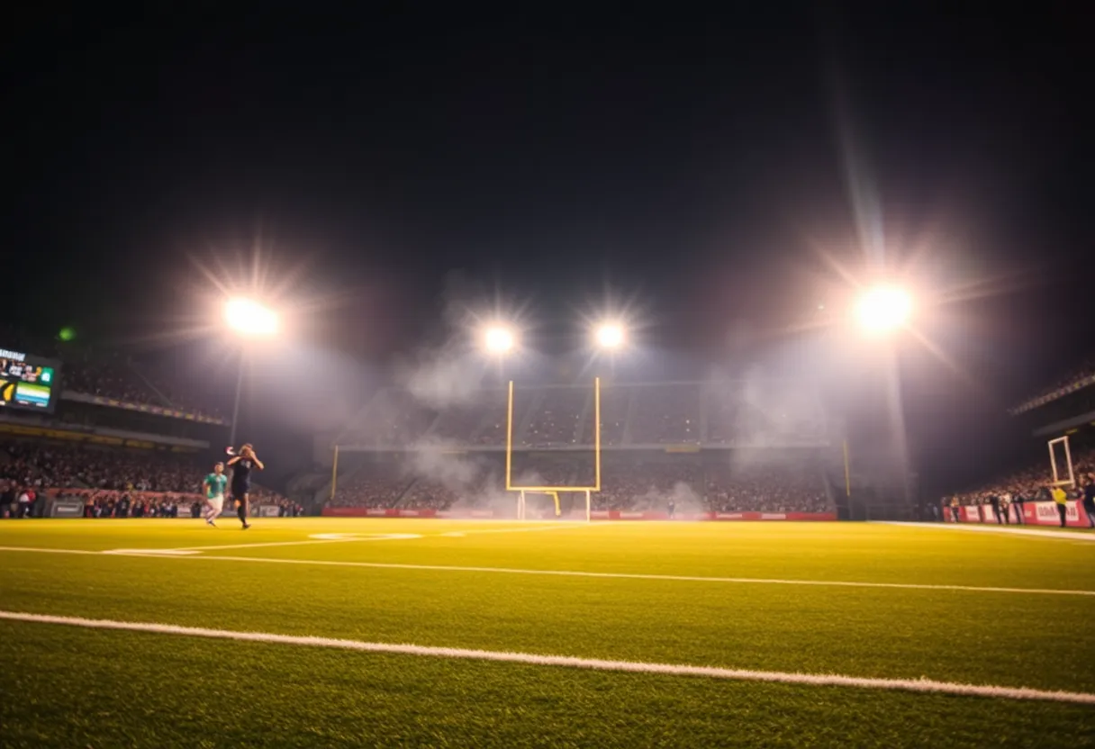 Dramatic football scene depicting a player making a crucial play on the field