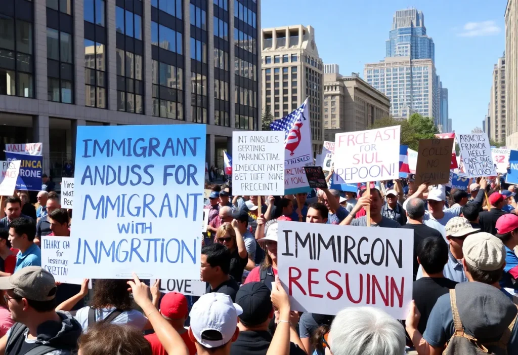 A peaceful protest with demonstrators holding signs about immigration reform.