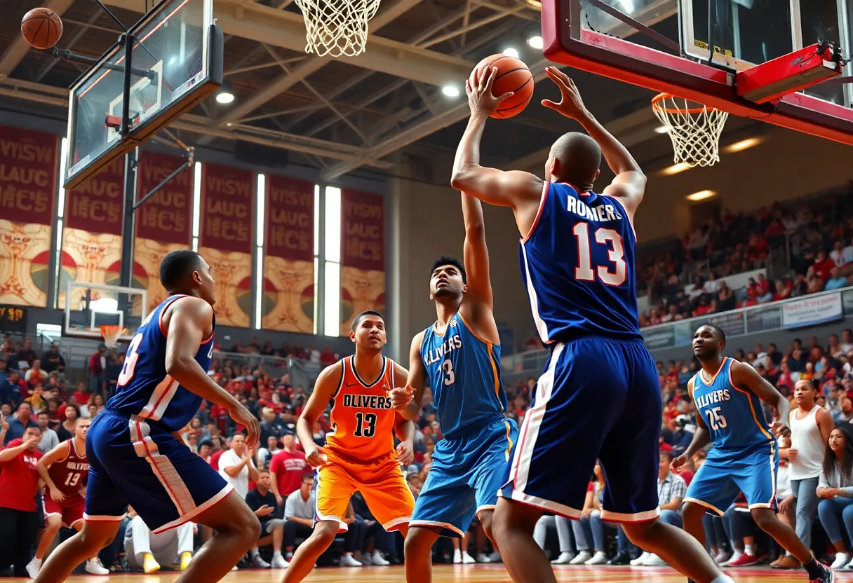 Basketball players in an intense game during trading season