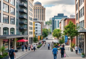 Urban landscape of the Near Southside area showcasing modern architecture and community engagement.