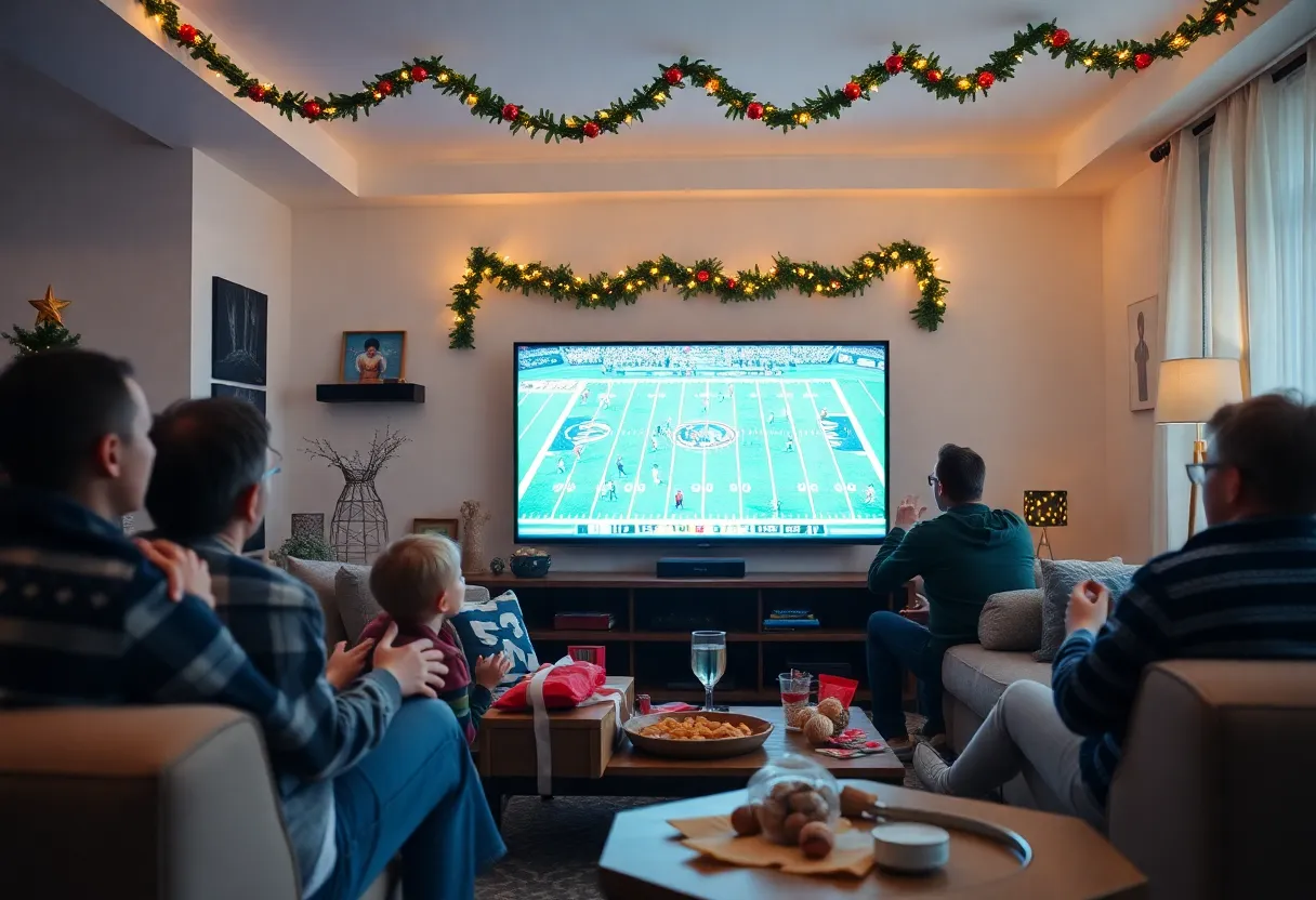 Families enjoying an NFL game during Christmas with festive decorations
