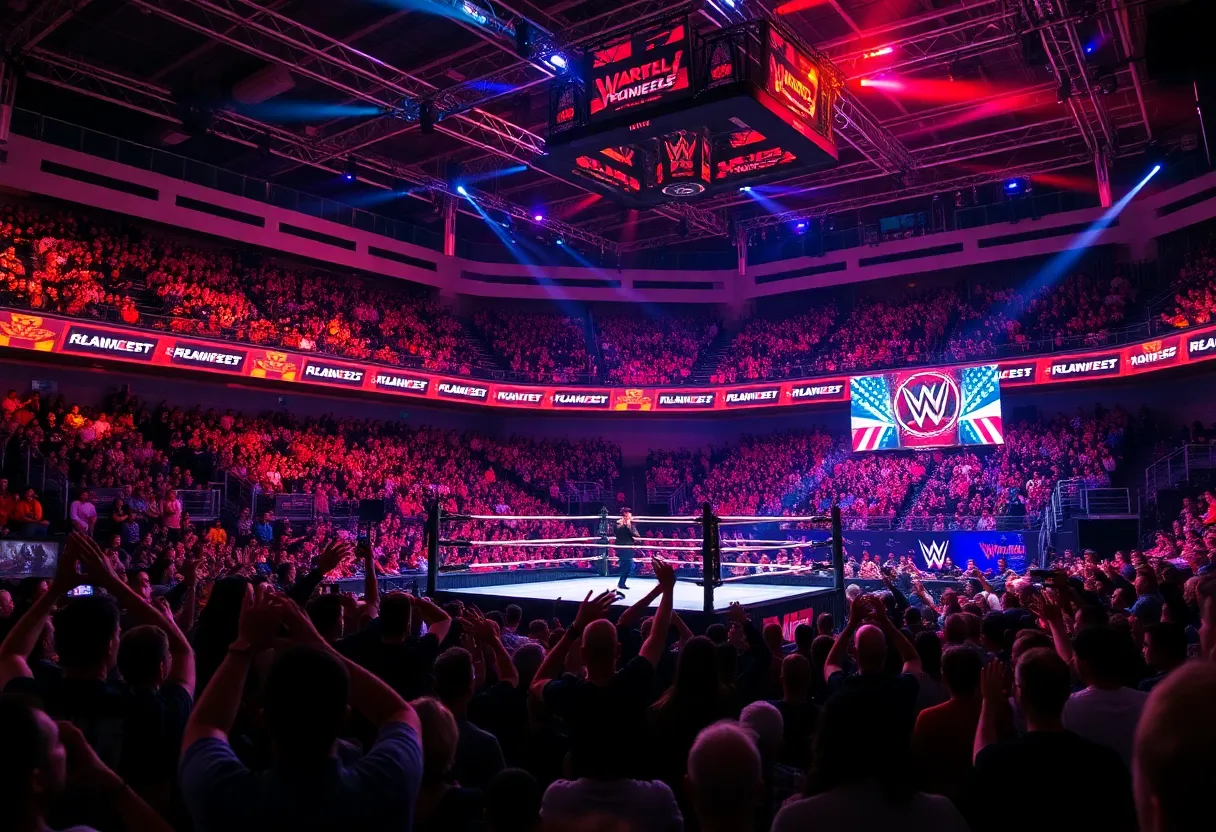 A professional wrestling match happening in an arena filled with cheering fans.