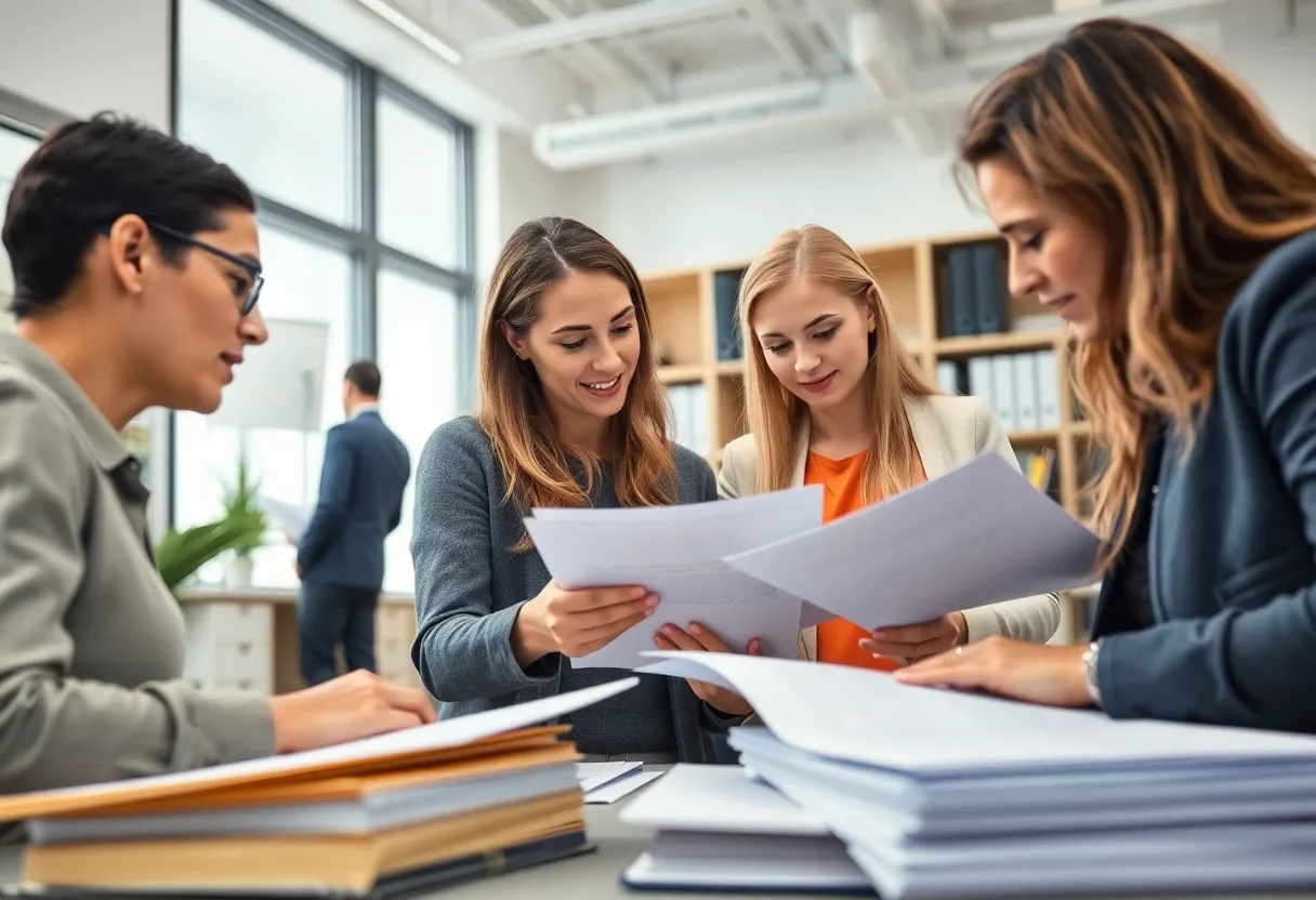Staff members at a nonprofit office preparing Form 990 filings