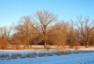 A winter landscape in North Texas showing chilly atmospheric conditions with bare trees and clear skies.