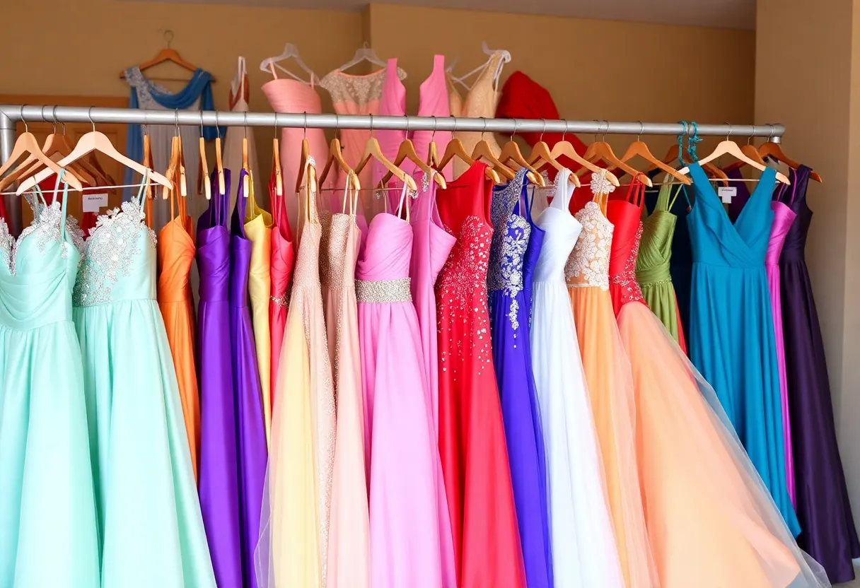 Display of formal dresses collected for the Prom Dress Drive