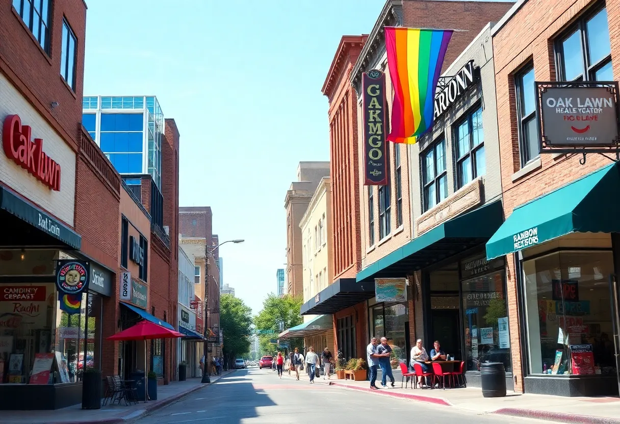 Vibrant street in Oak Lawn, Dallas with rainbow colors