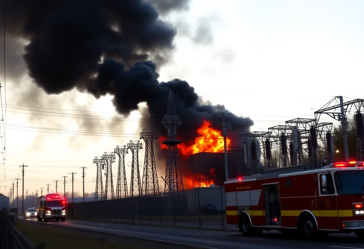 Firefighters extinguishing a fire at an Oncor electric substation