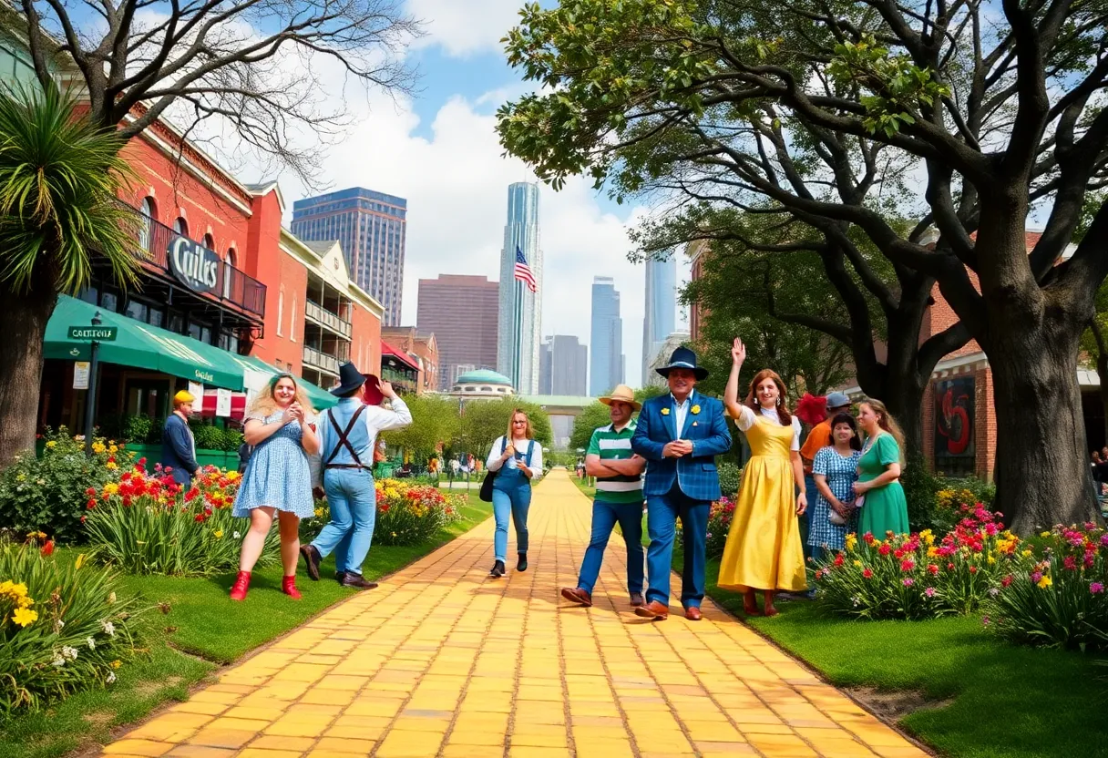 Participants engaging in the Oz Experience outdoor escape game in Dallas.