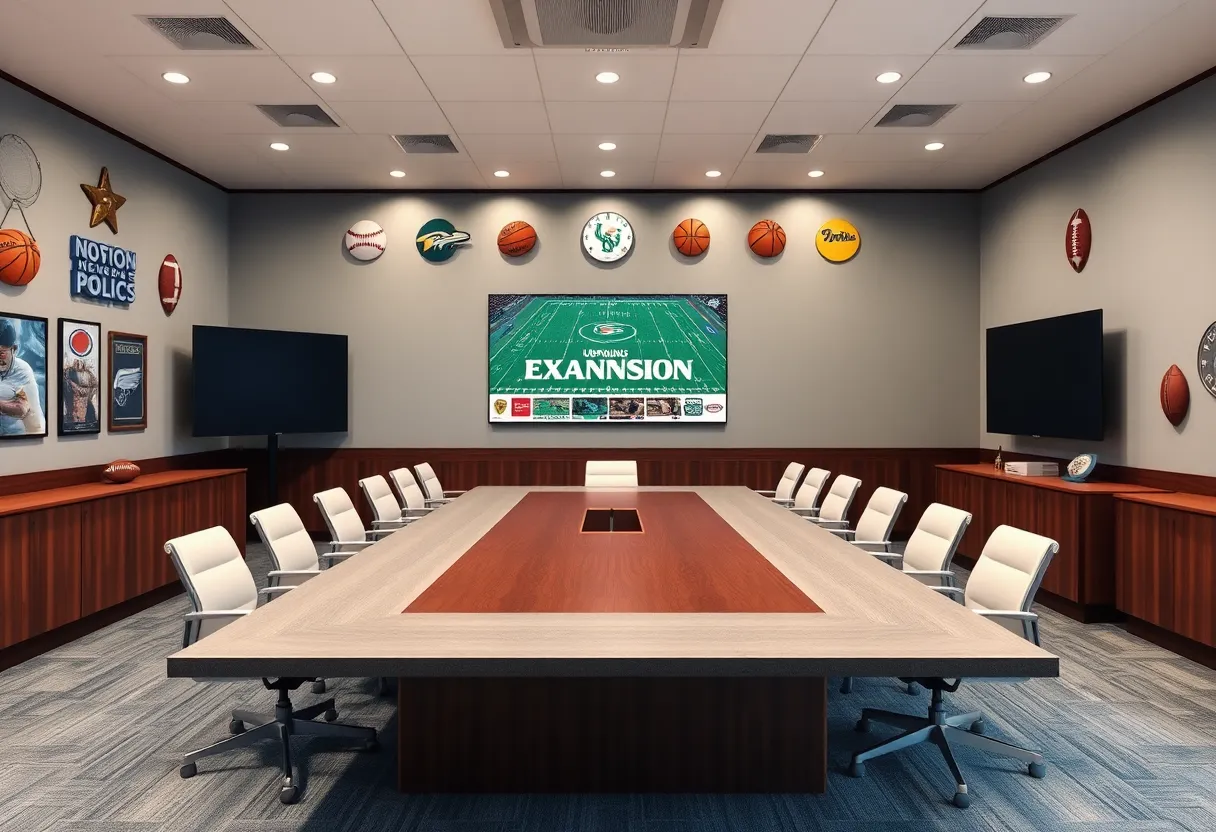 Interior view of Pac-12 conference office with athletic decor