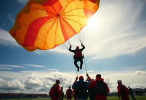 Parachutist descending with a U.S. Navy flag at the Armed Forces Bowl.