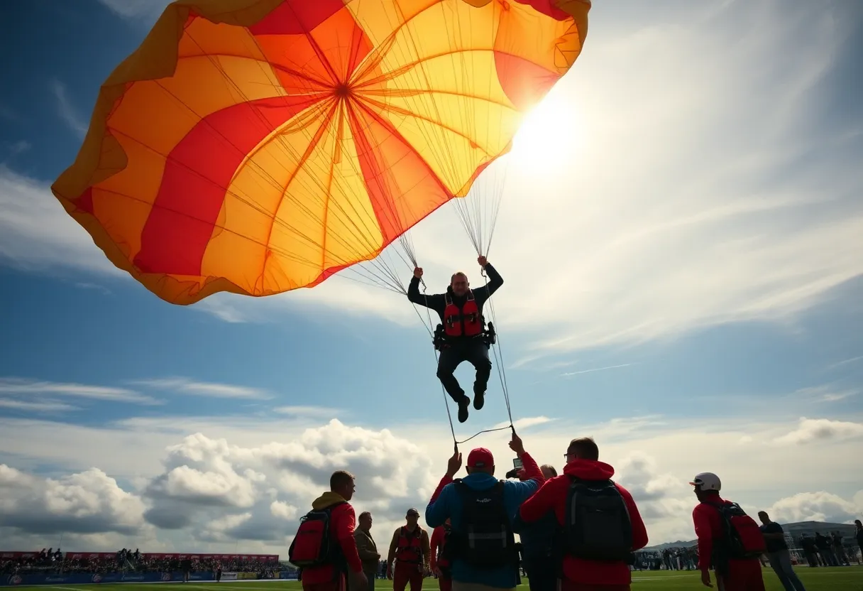 Parachutist descending with a U.S. Navy flag at the Armed Forces Bowl.