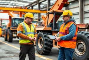 Worksite scene with heavy machinery and safety equipment