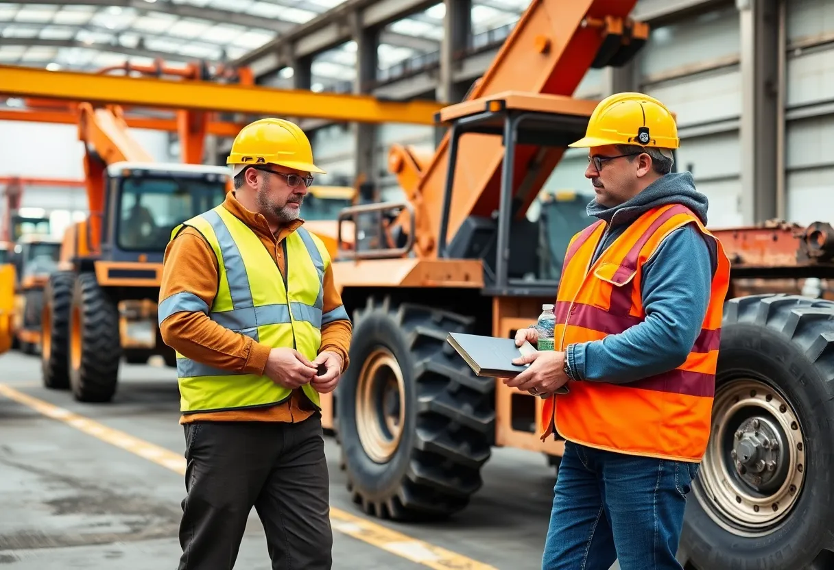 Worksite scene with heavy machinery and safety equipment