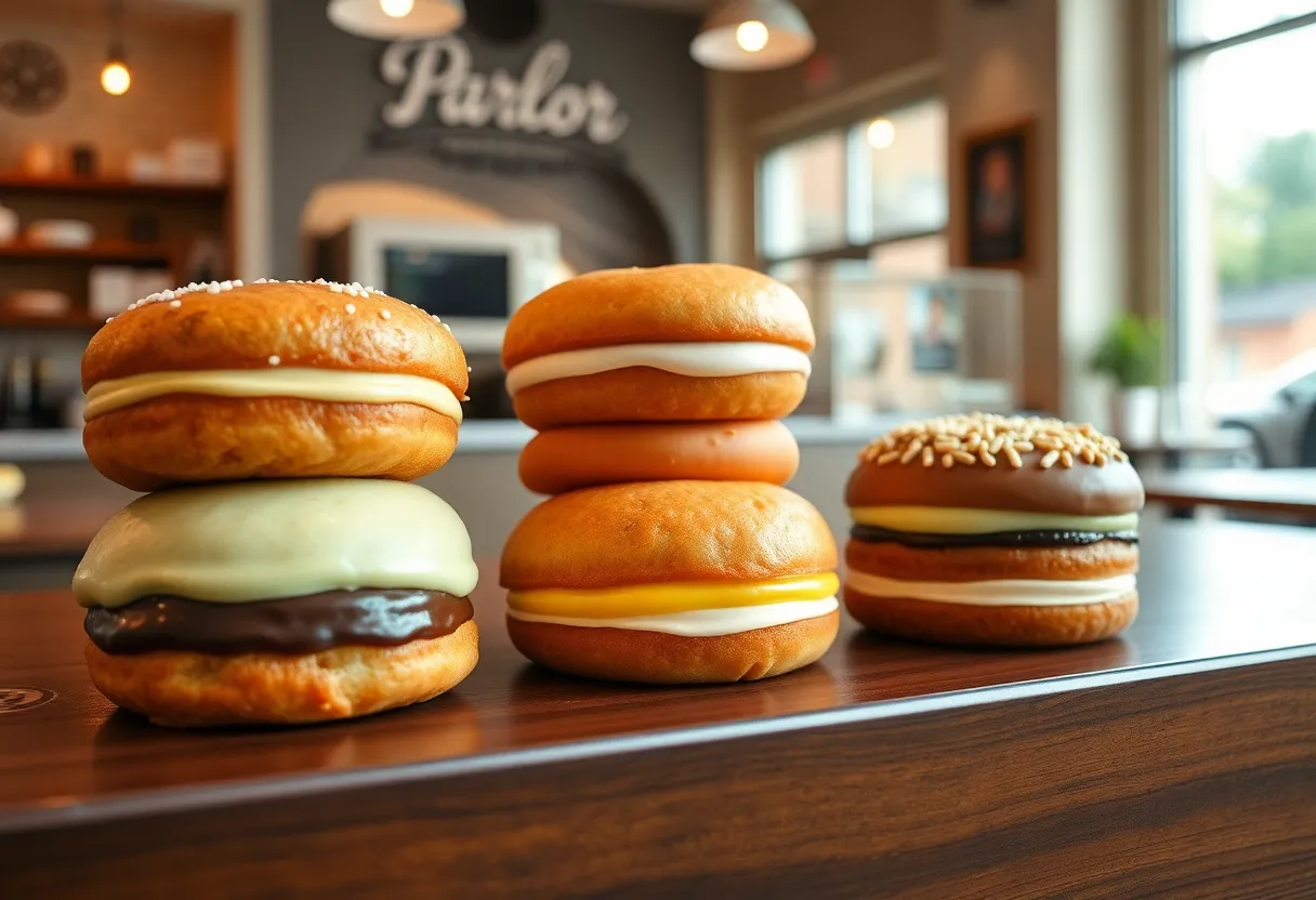 Display of colorful layered doughnuts at Parlor Doughnuts