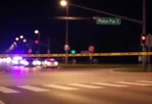 Police lights illuminating a Dallas intersection at night
