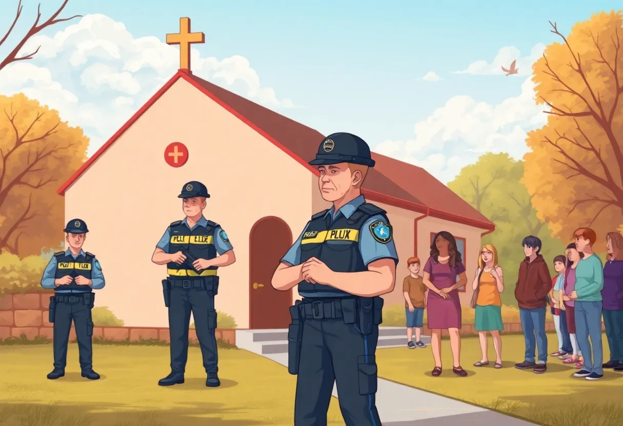 Police officers outside a church in Keene Texas after a bomb threat.