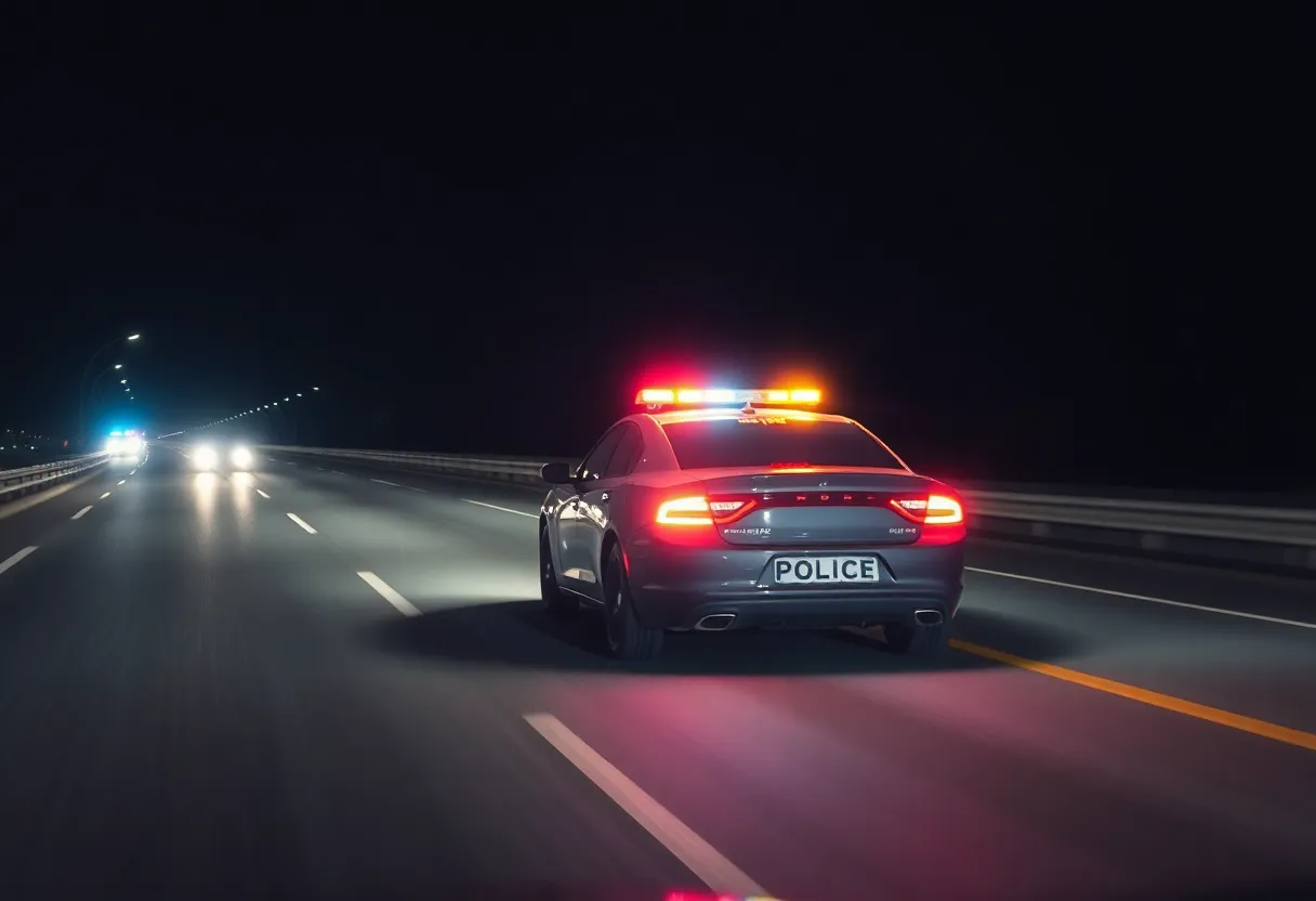 A police car responding to a pursuit on a highway at night.