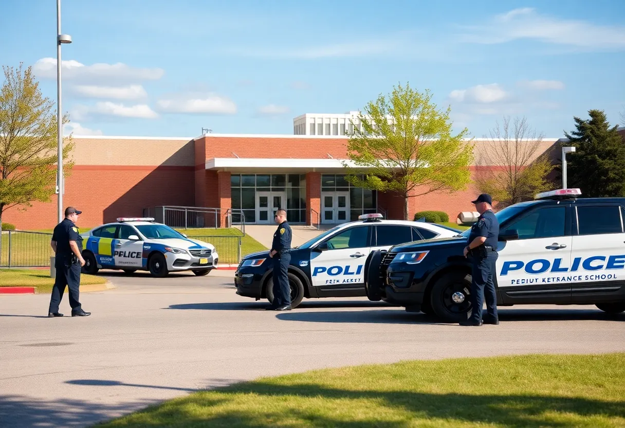 Police cars and officers outside North Dallas High School during bomb threat investigation