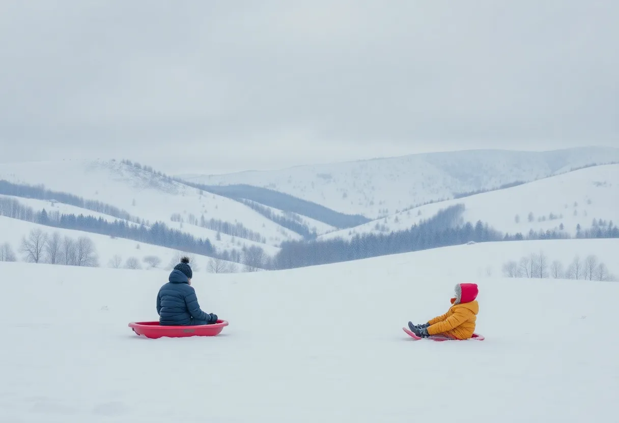 Winter landscape where children play with sleds in Ponder Texas