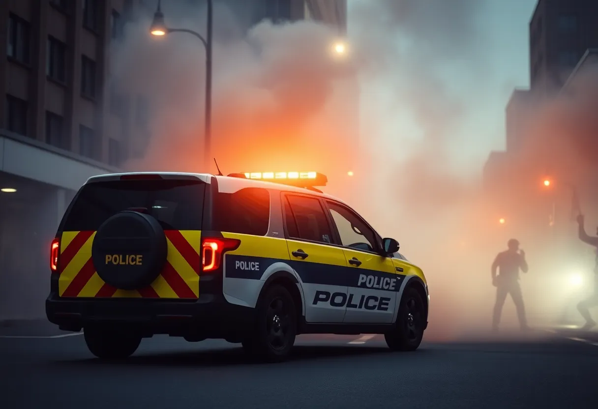 A police vehicle in a city with protest signs and banners in the background.
