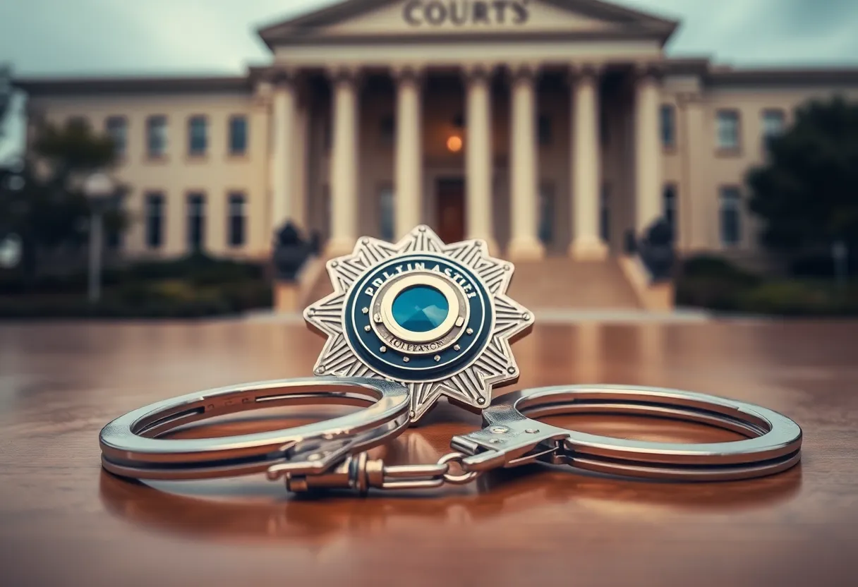 A police officer badge and handcuffs representing law enforcement issues.
