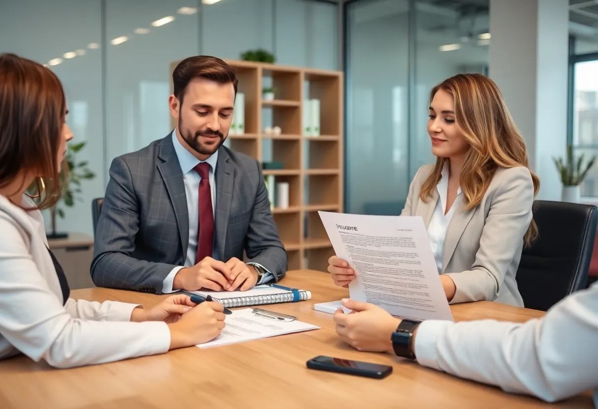 Consultation about professional liability insurance in a modern office setting.