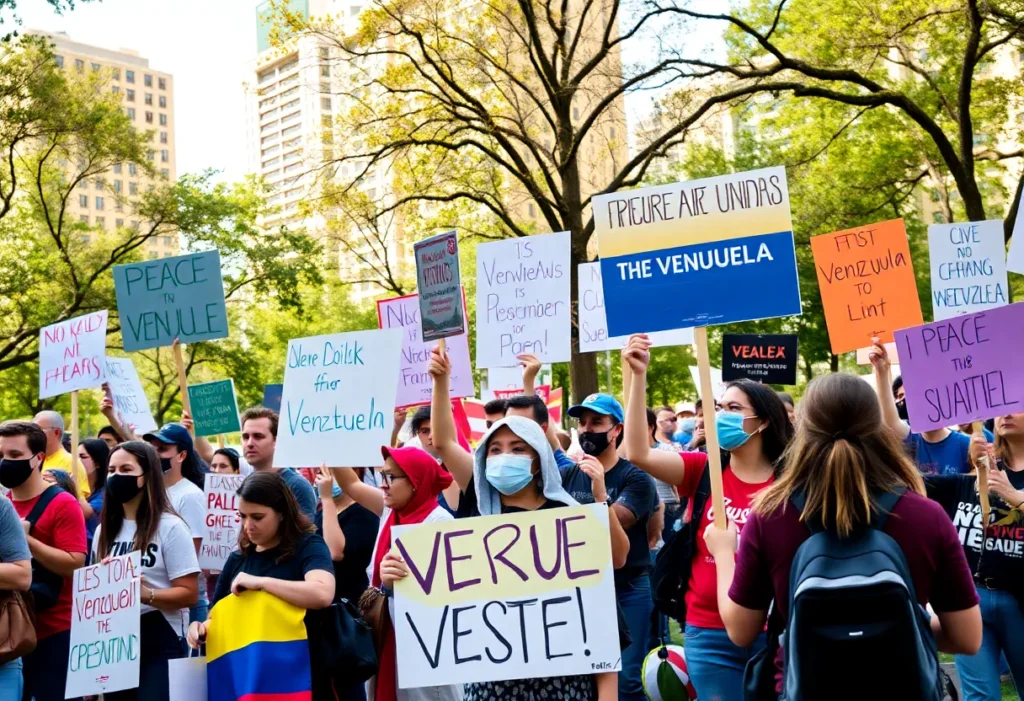 Protesters gathering in Civic Garden Park, Dallas, opposing US involvement in Venezuela.
