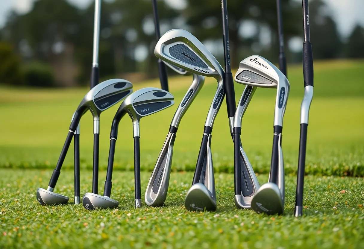 Three models of PXG GEN8 0311 irons displayed on a golf course with green grass.