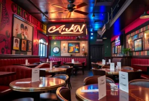 Interior view of a closed Razzoo's Cajun Cafe showing vibrant decor and dining setup