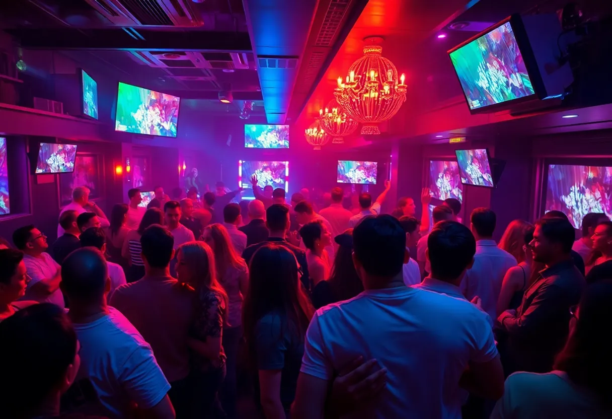A lively nightlife scene in a nightclub showcasing people enjoying themselves.