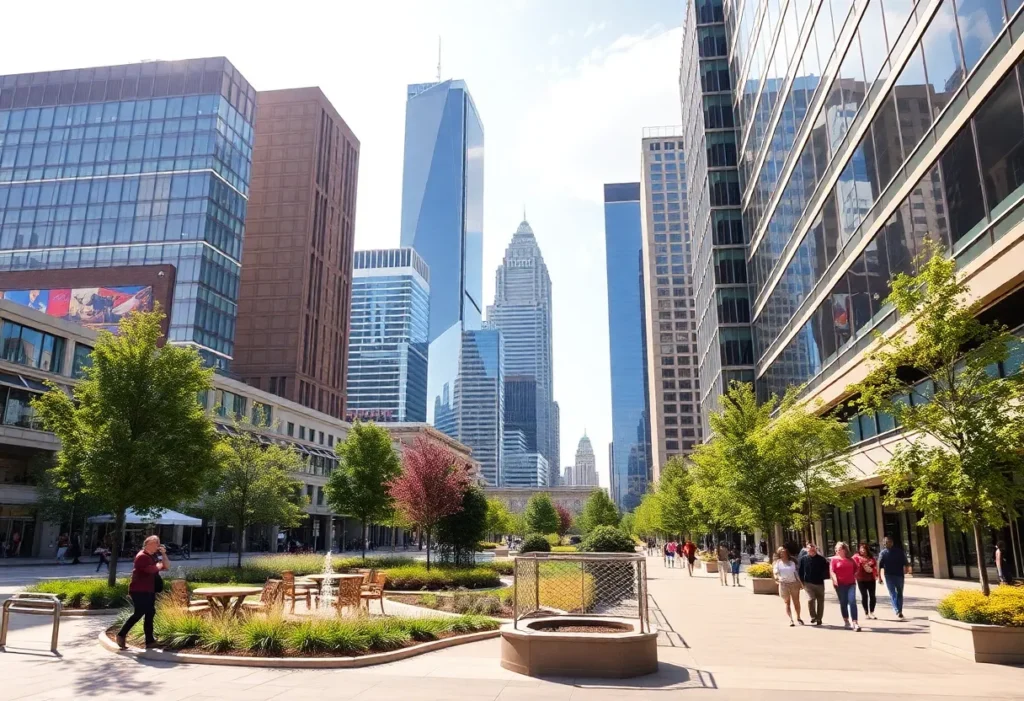 Revitalized downtown area in Dallas with modern buildings and green spaces