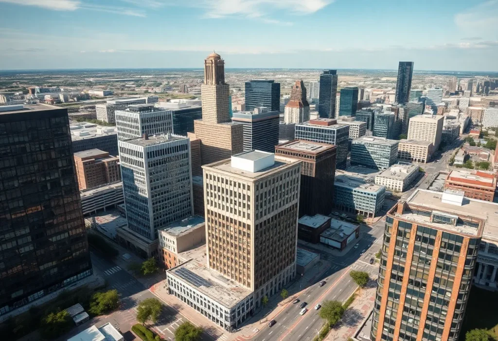 Aerial view of vacant office buildings in downtown Dallas with community safety initiatives
