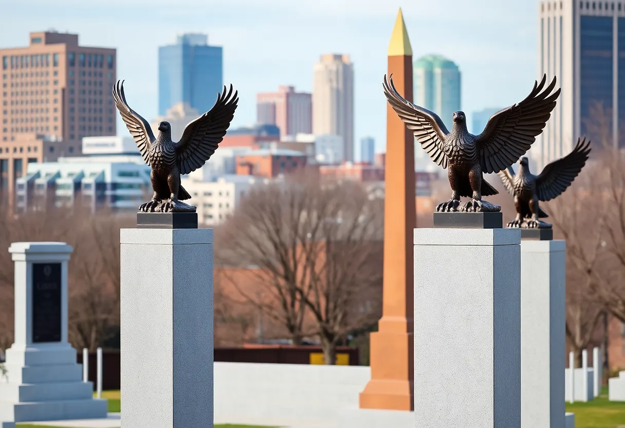 Obelisk-style monuments with eagle sculptures in Plano