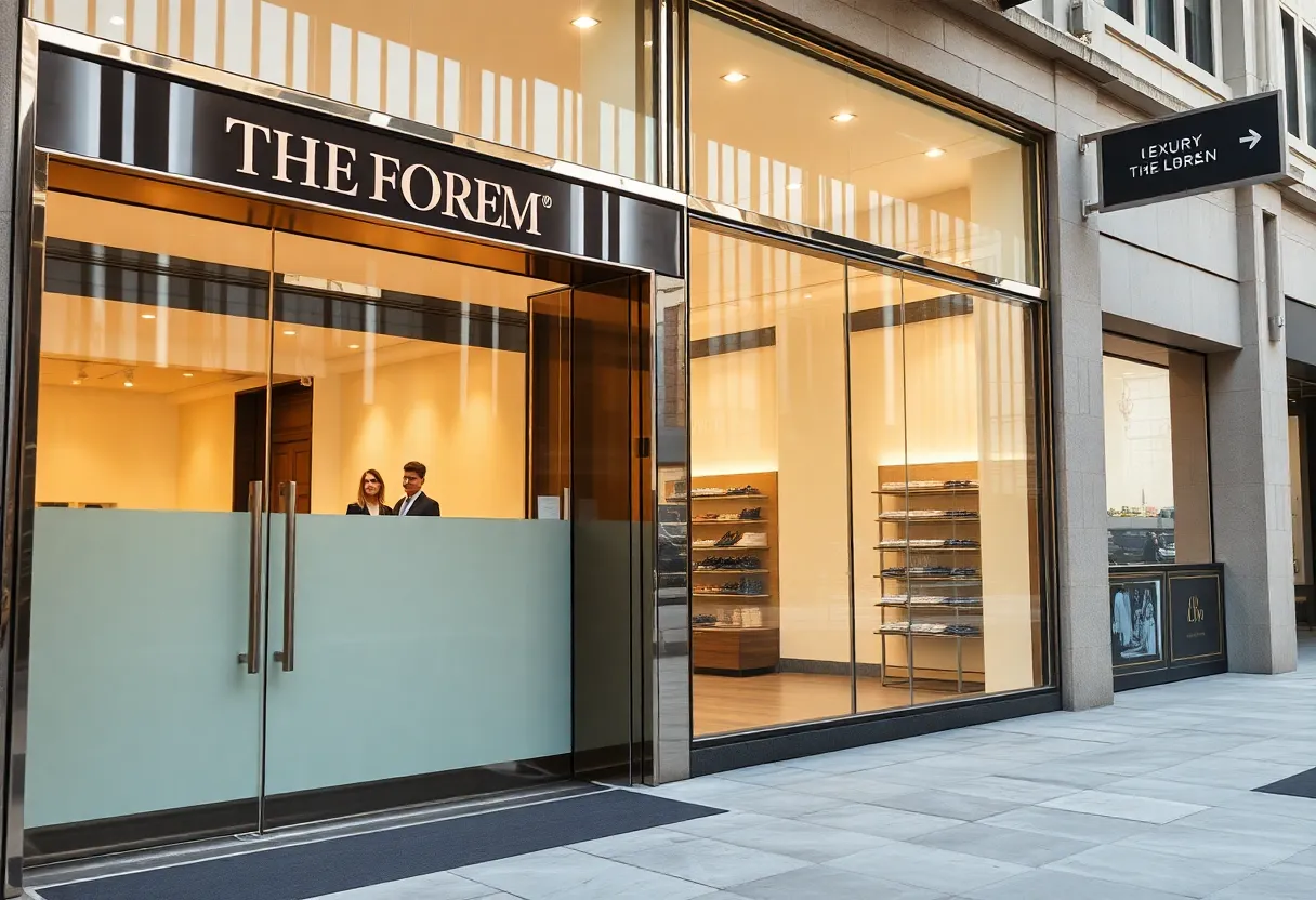 Exterior view of a luxury retail store in Dallas facing financial challenges.