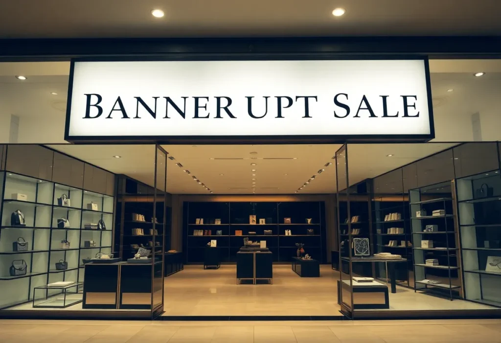 Luxury retail store sign indicating bankruptcy sale