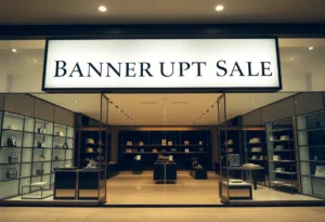 Luxury retail store sign indicating bankruptcy sale