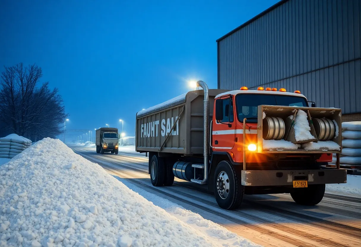 Truck unloading salt for winter weather preparations