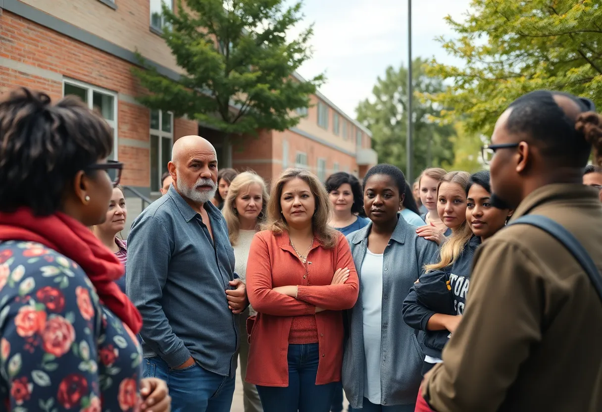 Community members discussing safety outside a school