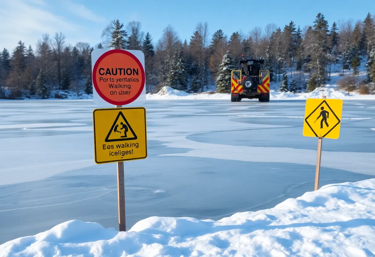 Rescue operation illustrating ice safety measures at a frozen pond