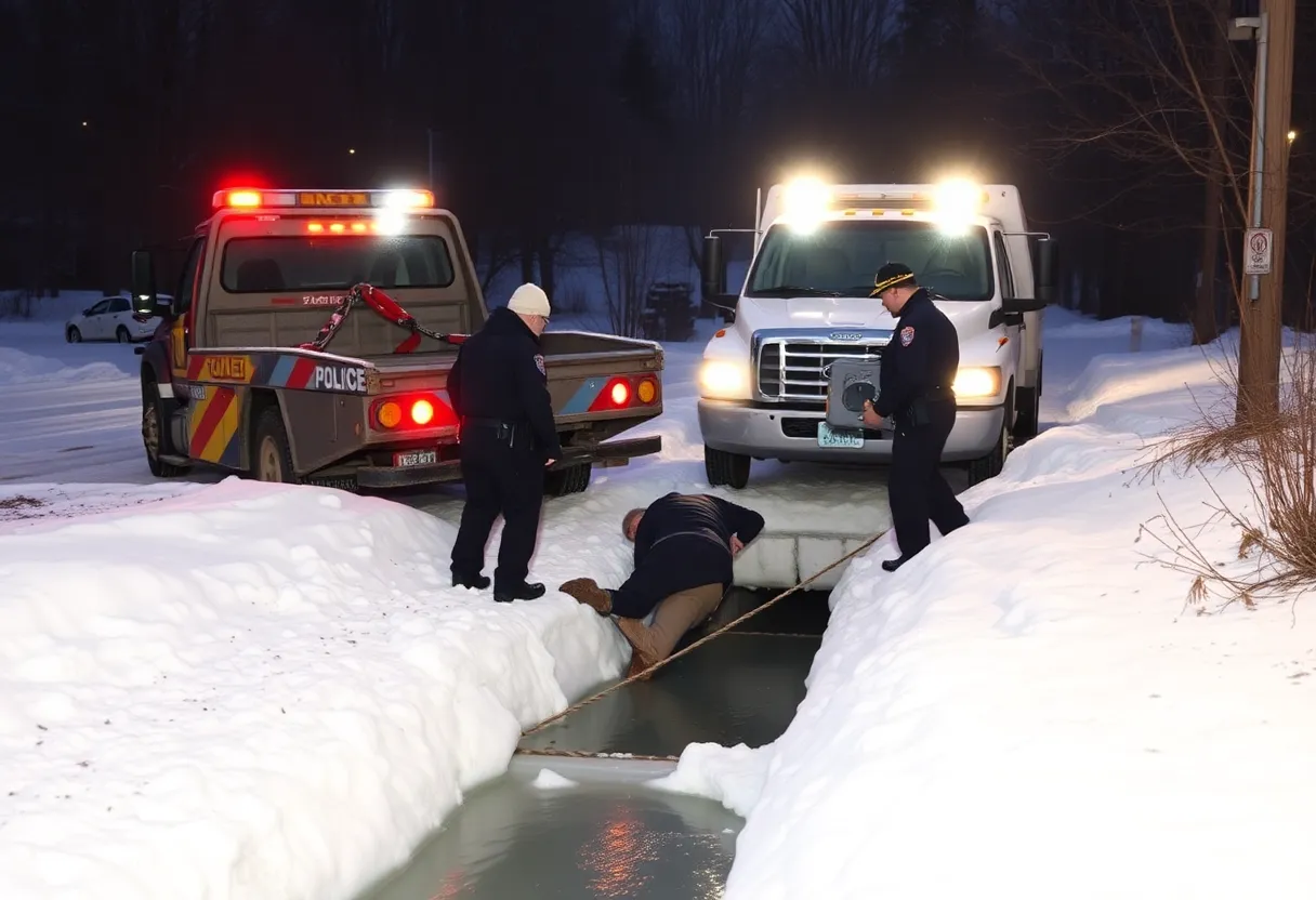 Tow truck driver and police rescuing a man from an icy drainage culvert in Seagoville, Texas.