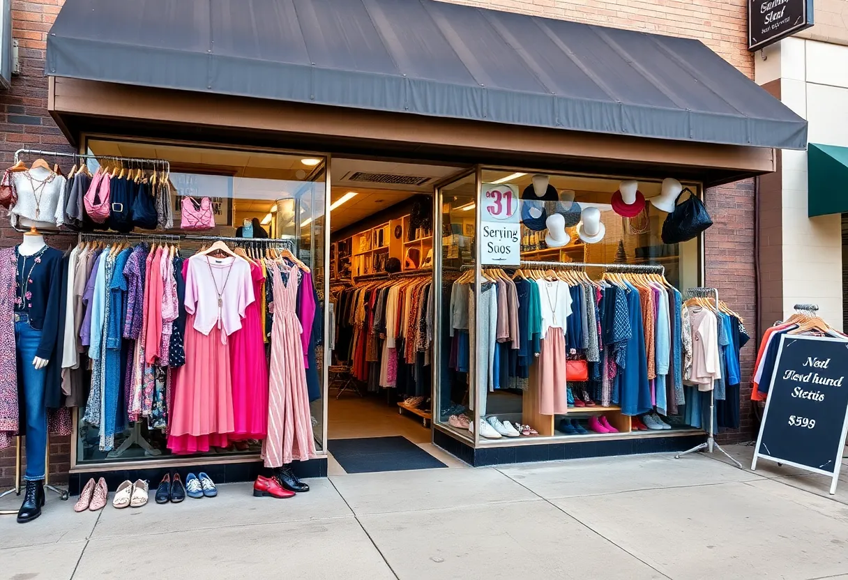 Colorful display of secondhand clothing outside a store in Dallas