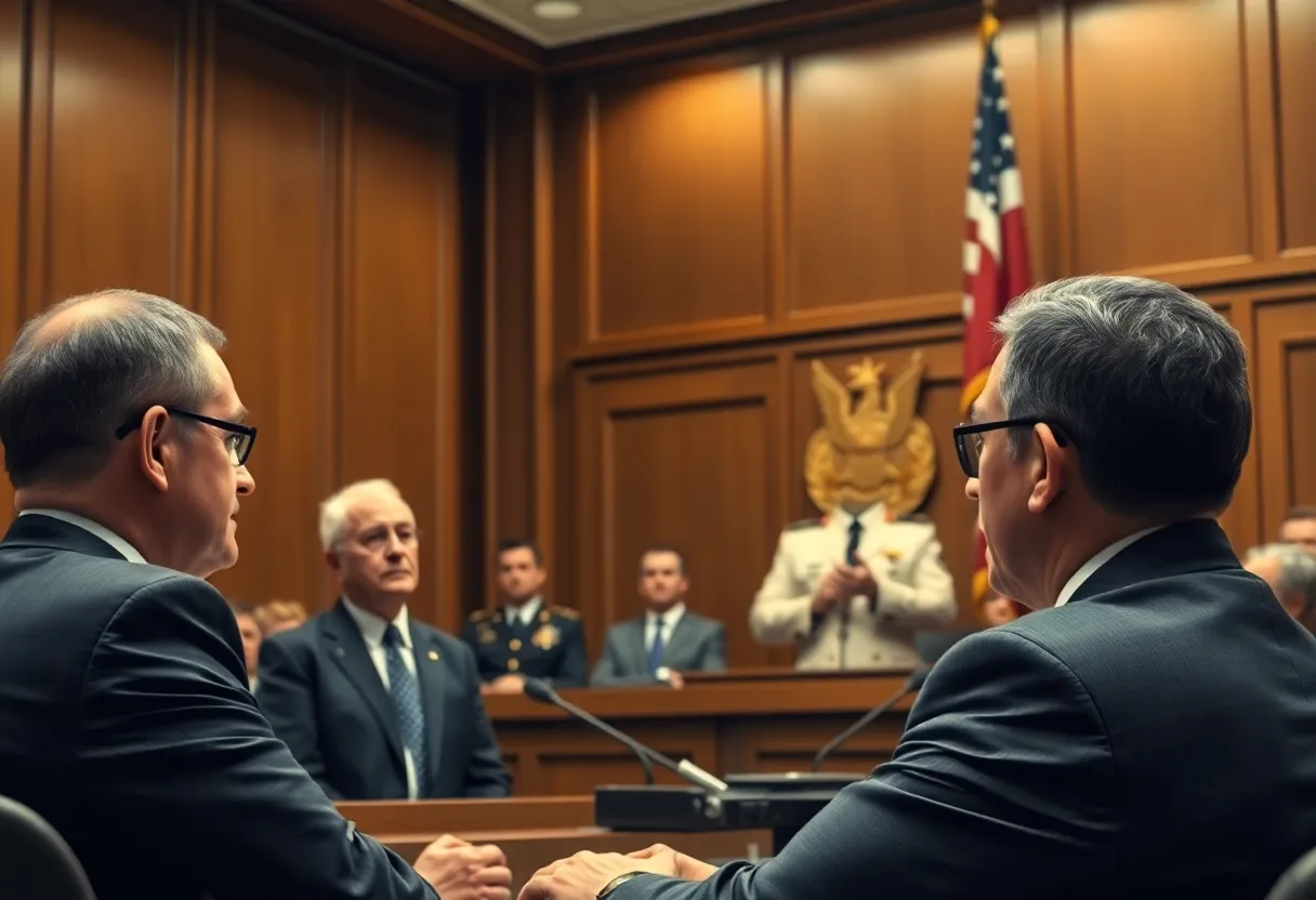 Courtroom representation of a legal case involving a senator and military conduct