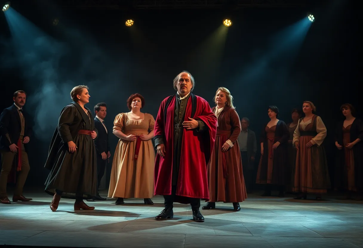 Actors performing a dramatic scene from Macbeth at Theatre Three