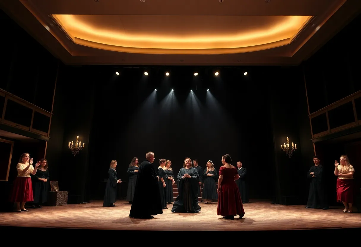 Theatrical production of Shakespeare's Macbeth with actors on stage.