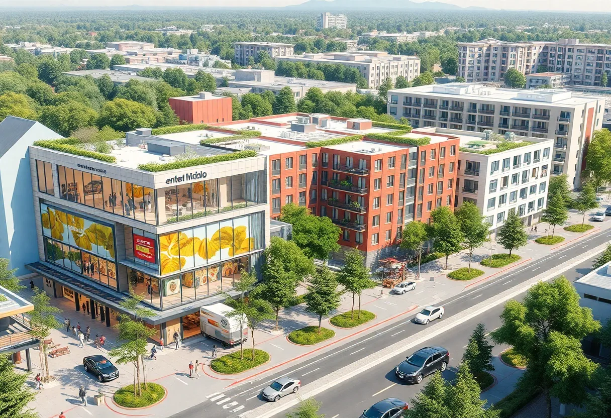 Conceptual illustration of Sloan Corners development featuring mixed-use spaces.